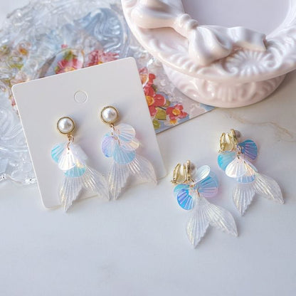 Faux Tail Drop Mermaid / Pearl Earring Clip-On