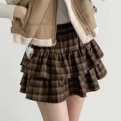 Plaid Ruffle Hem Tiered Skirt with High Waist
