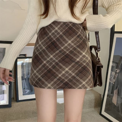 High Rise Plaid Mini A-Line Skirt