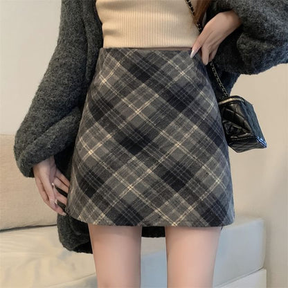 High Rise Plaid Mini A-Line Skirt