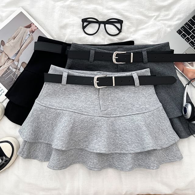 Ruffle Belted Mini A-Line Skirt with High Waist