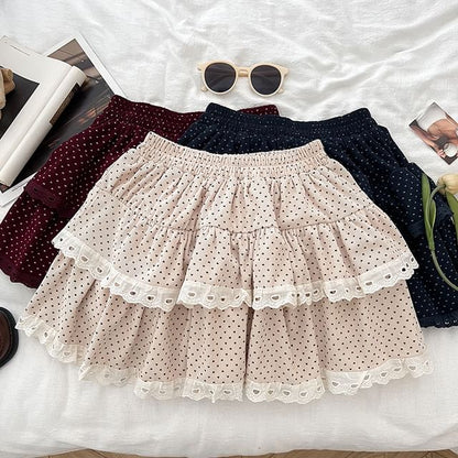 Polka Dot Ruffle Trim Mini A-Line Skirt with High Rise