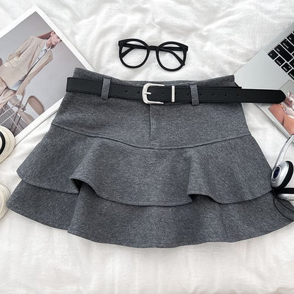 Ruffle Belted Mini A-Line Skirt with High Waist