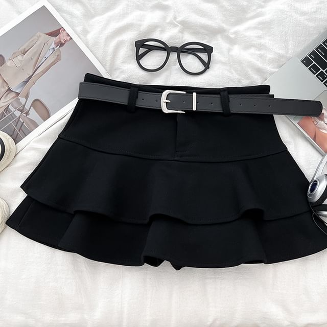 Ruffle Belted Mini A-Line Skirt with High Waist
