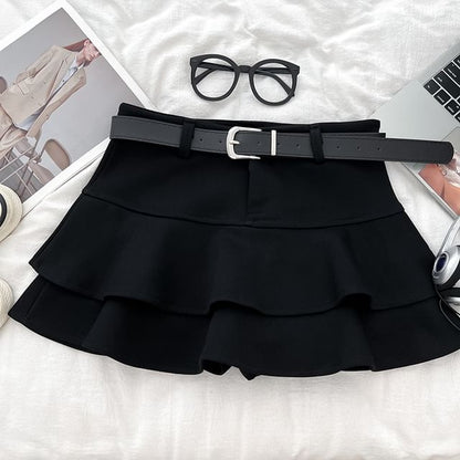 Ruffle Belted Mini A-Line Skirt with High Waist