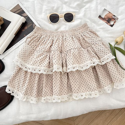 Polka Dot Ruffle Trim Mini A-Line Skirt with High Rise