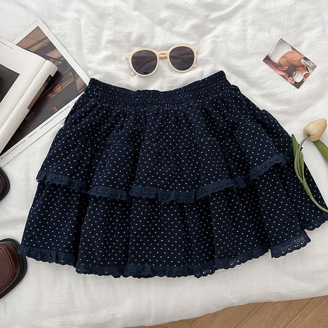 Polka Dot Ruffle Trim Mini A-Line Skirt with High Rise