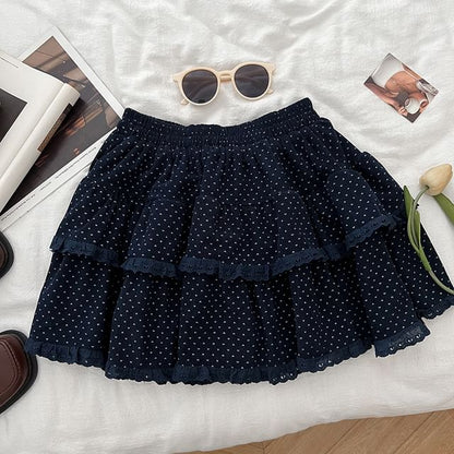 Polka Dot Ruffle Trim Mini A-Line Skirt with High Rise