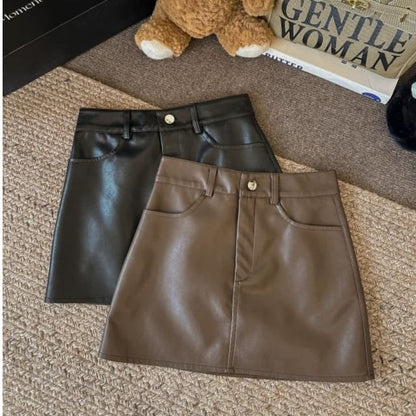 Faux Leather Mini A-Line Skirt with Plain High-Rise Waist