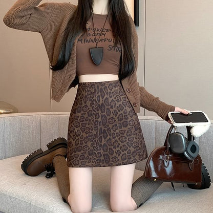 Leopard Print Mini A-Line Skirt with High Waist