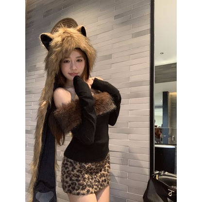 One Shoulder Fluffy Trim Top & Leopard Boucle Mini Pencil Skirt
