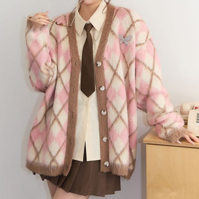 Plus Size V-Neck Plaid Button-Up Cardigan