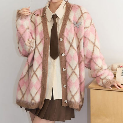 Plus Size V-Neck Plaid Button-Up Cardigan