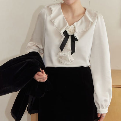 Plus Size Long-Sleeve Frill Trim Plain Shirt
