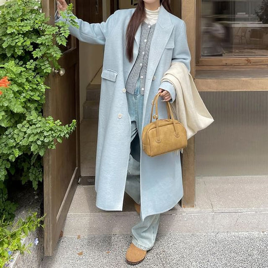 Plus Size Double Breasted Plain Long Coat