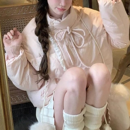 Stand Collar Bow Print Lace Trim Padded Zip Jacket