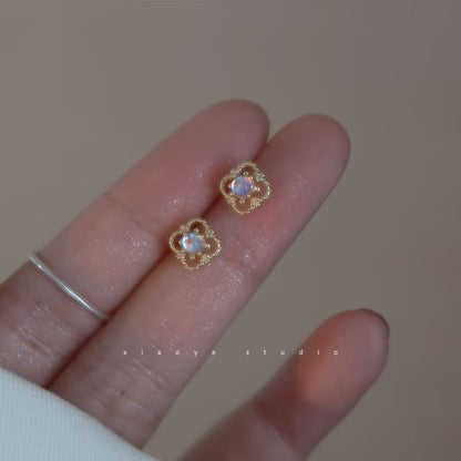 Rhinestone Earring Clover Stud Sterling Silver S925