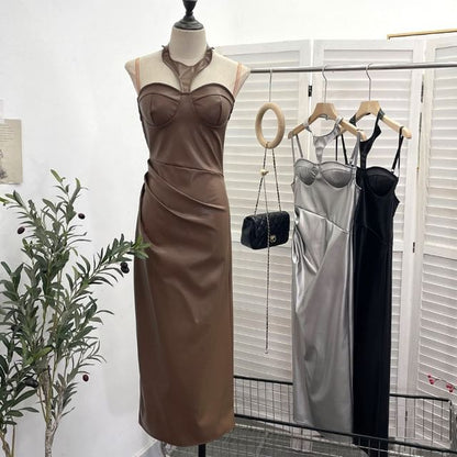 Halter Slit Faux Leather Sheath Midi Dress