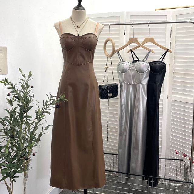 Faux Leather A-Line Midi Dress