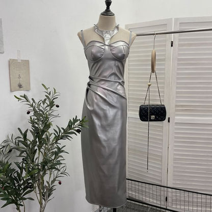 Halter Slit Faux Leather Sheath Midi Dress