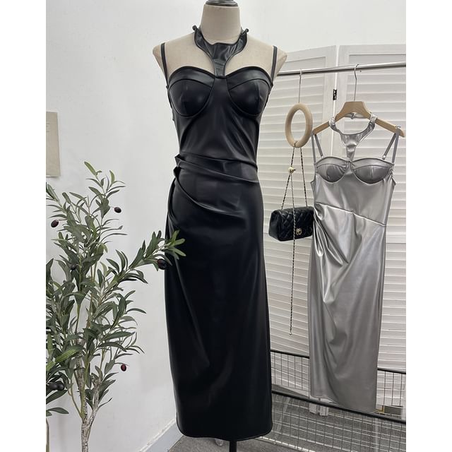 Halter Slit Faux Leather Sheath Midi Dress