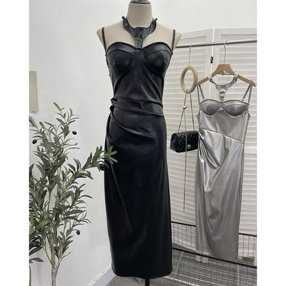 Halter Slit Faux Leather Sheath Midi Dress
