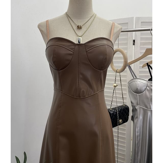 Faux Leather A-Line Midi Dress