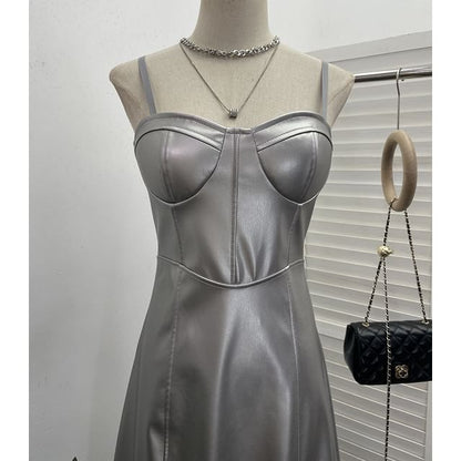 Faux Leather A-Line Midi Dress