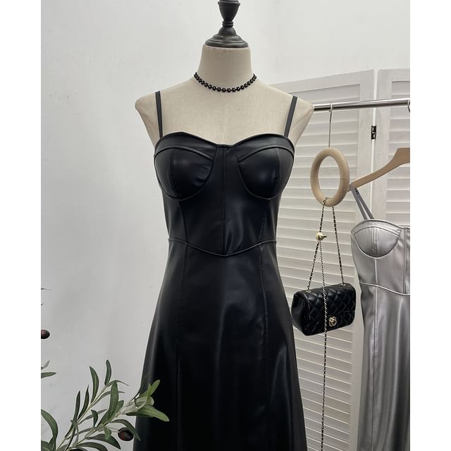 Faux Leather A-Line Midi Dress