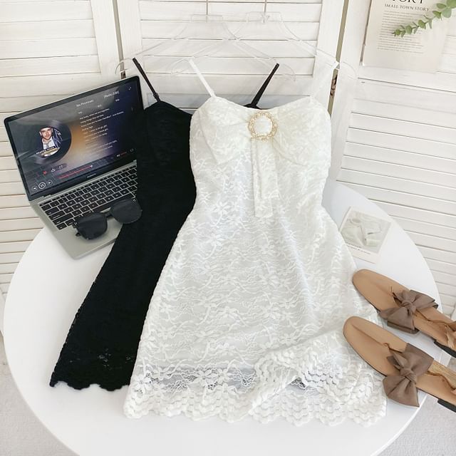 Rhinestone Buckled Lace Bodycon Mini Dress