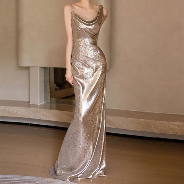 Asymmetrical Sequined Mermaid Evening Gown