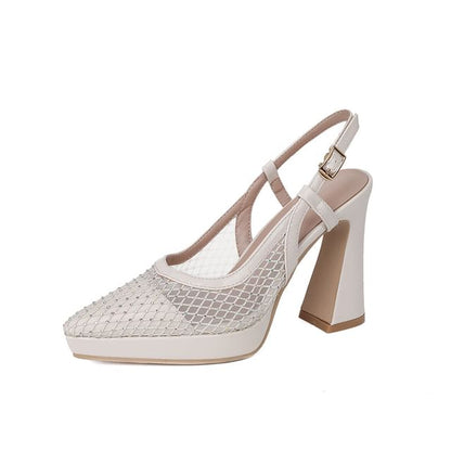 Chunky Heel Pointed Toe Rhinestone Slingback Sandals