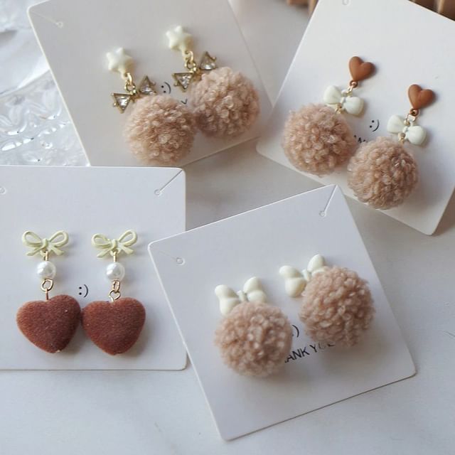 Earring Heart Clip Pom Drop On /