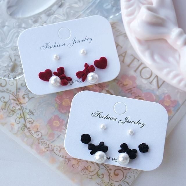 Pearl Bow Stud Set Earring Faux Pairs: 3 of Asymmetrical