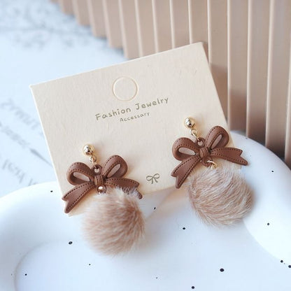 Bow Pom Earring Drop Clip On /