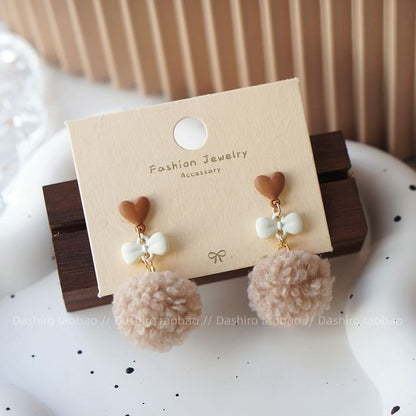 Earring Heart Clip Pom Drop On /