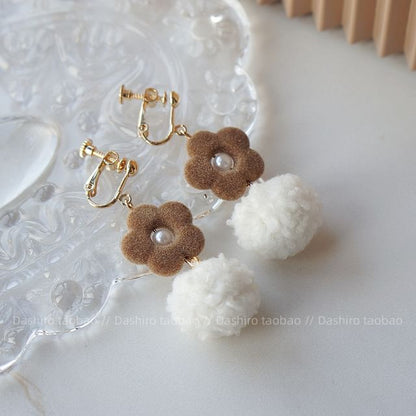 Earring Heart Clip Pom Drop On /