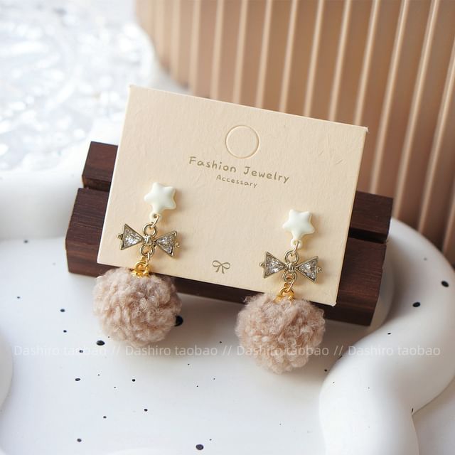 Earring Heart Clip Pom Drop On /