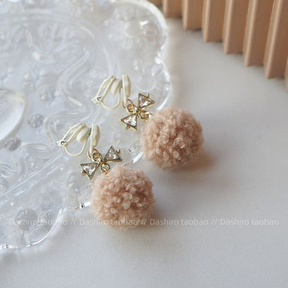 Earring Heart Clip Pom Drop On /