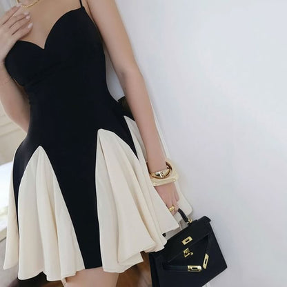 Two Tone Mini A-Line Dress V-Neck Thin Straps