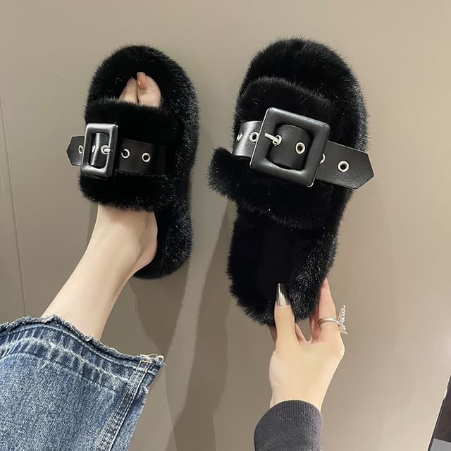 Platform Plain Fluffy Buckled Slide Sandals