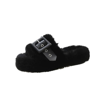 Platform Plain Fluffy Buckled Slide Sandals