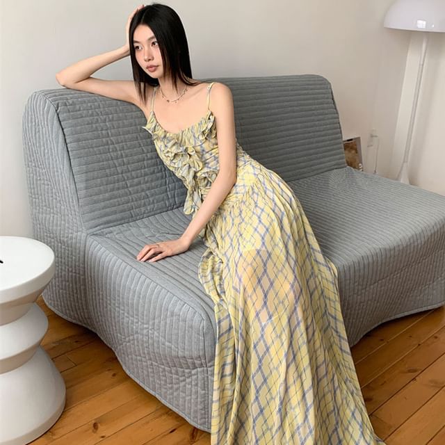 Argyle Ruffle Trim A-Line Sundress Maxi