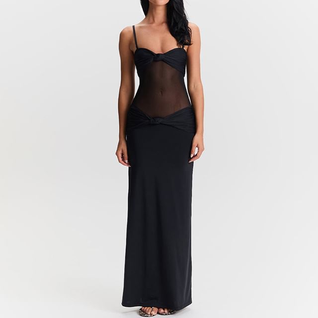 Mesh Panel Knot Bodycon Maxi Dress