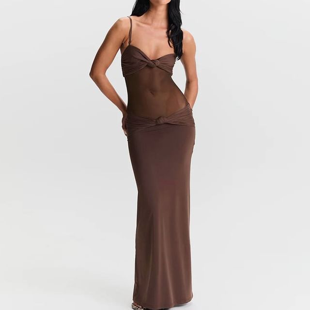 Mesh Panel Knot Bodycon Maxi Dress