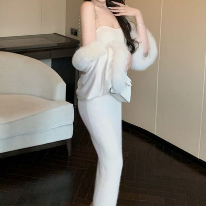 Ribbed Midi Sheath Dress & Fluffy Open Front Jacket