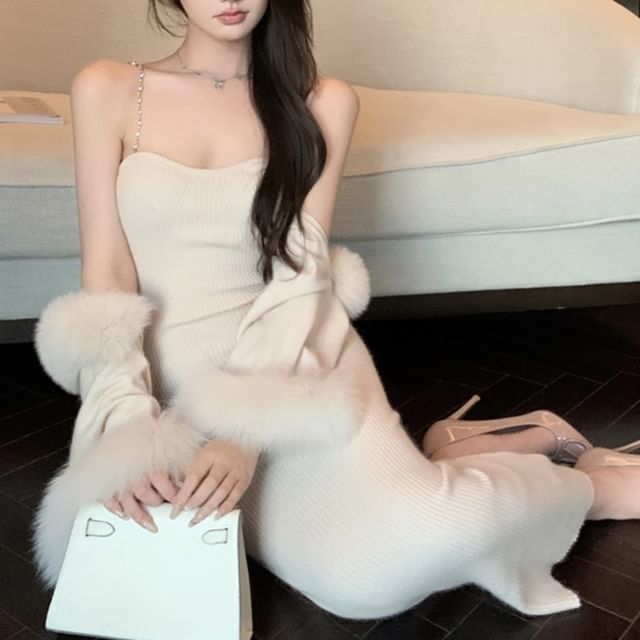 Ribbed Midi Sheath Dress & Fluffy Open Front Jacket