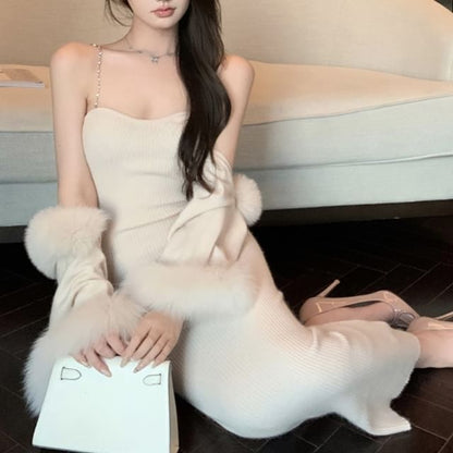 Ribbed Midi Sheath Dress & Fluffy Open Front Jacket