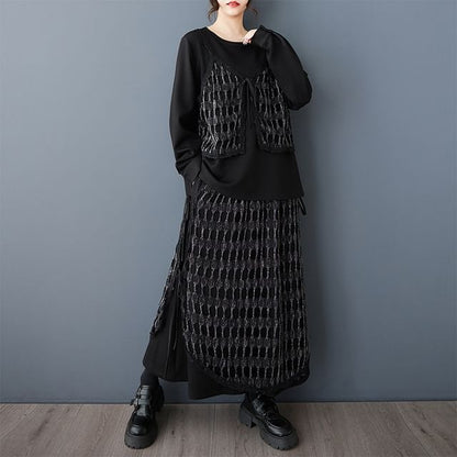 Mesh Panel Top & Midi A-Line Skirt Set