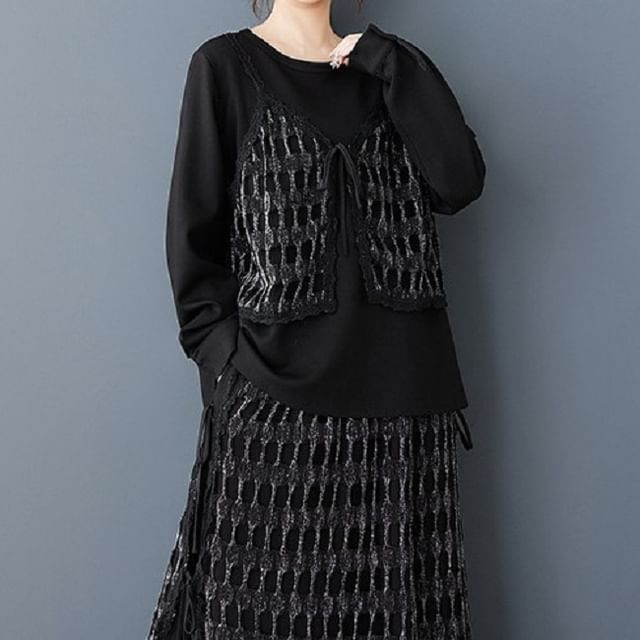 Mesh Panel Top & Midi A-Line Skirt Set